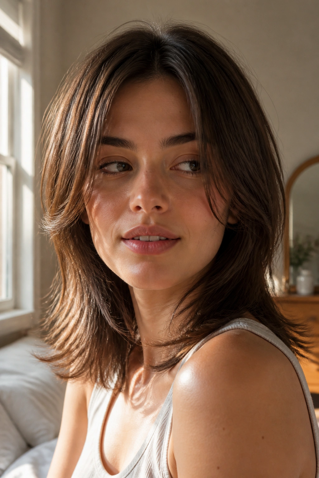 Close-up portrait of a real woman with feathered mid-length cut showing soft cheek and jaw framing.