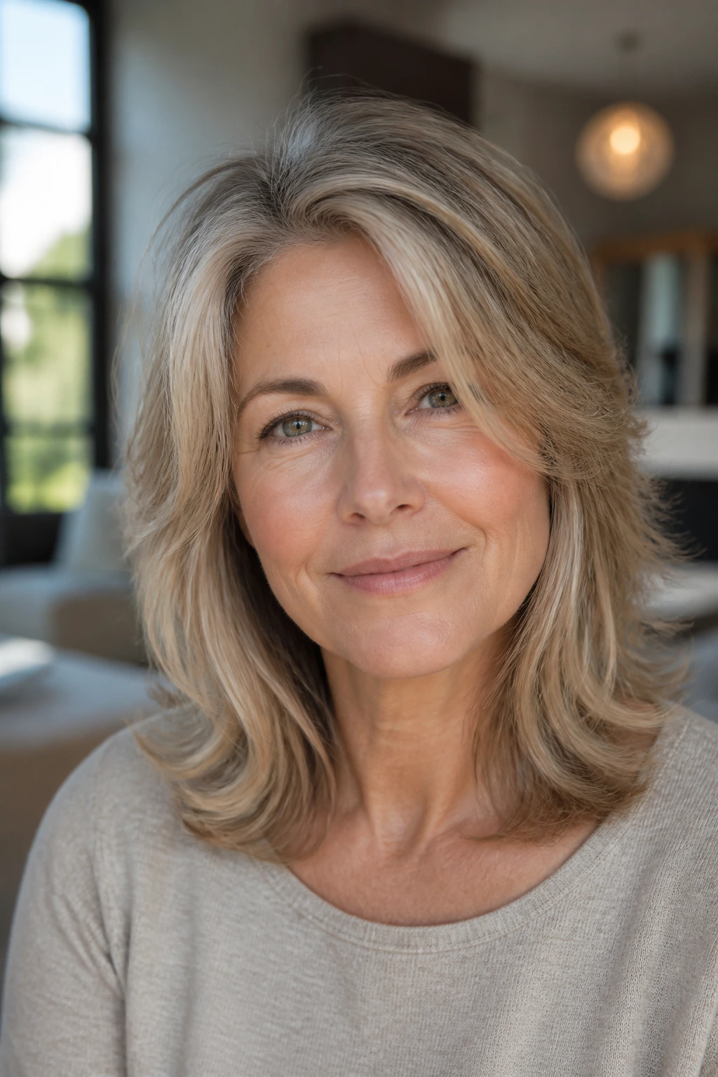 Portrait of a real woman with feathered mid-length hair.