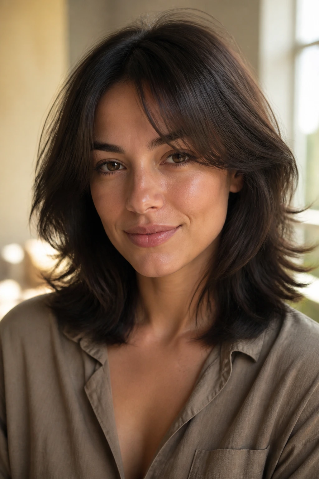Close-up of a woman with a feathered midi cut and face-framing layers