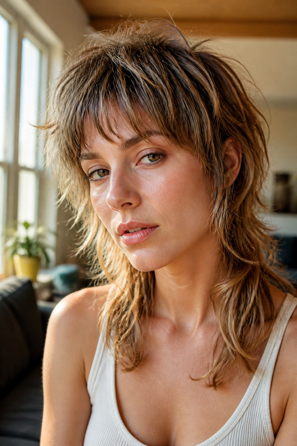 Close-up of a real woman with a feathered mullet, crown lift and soft layers.