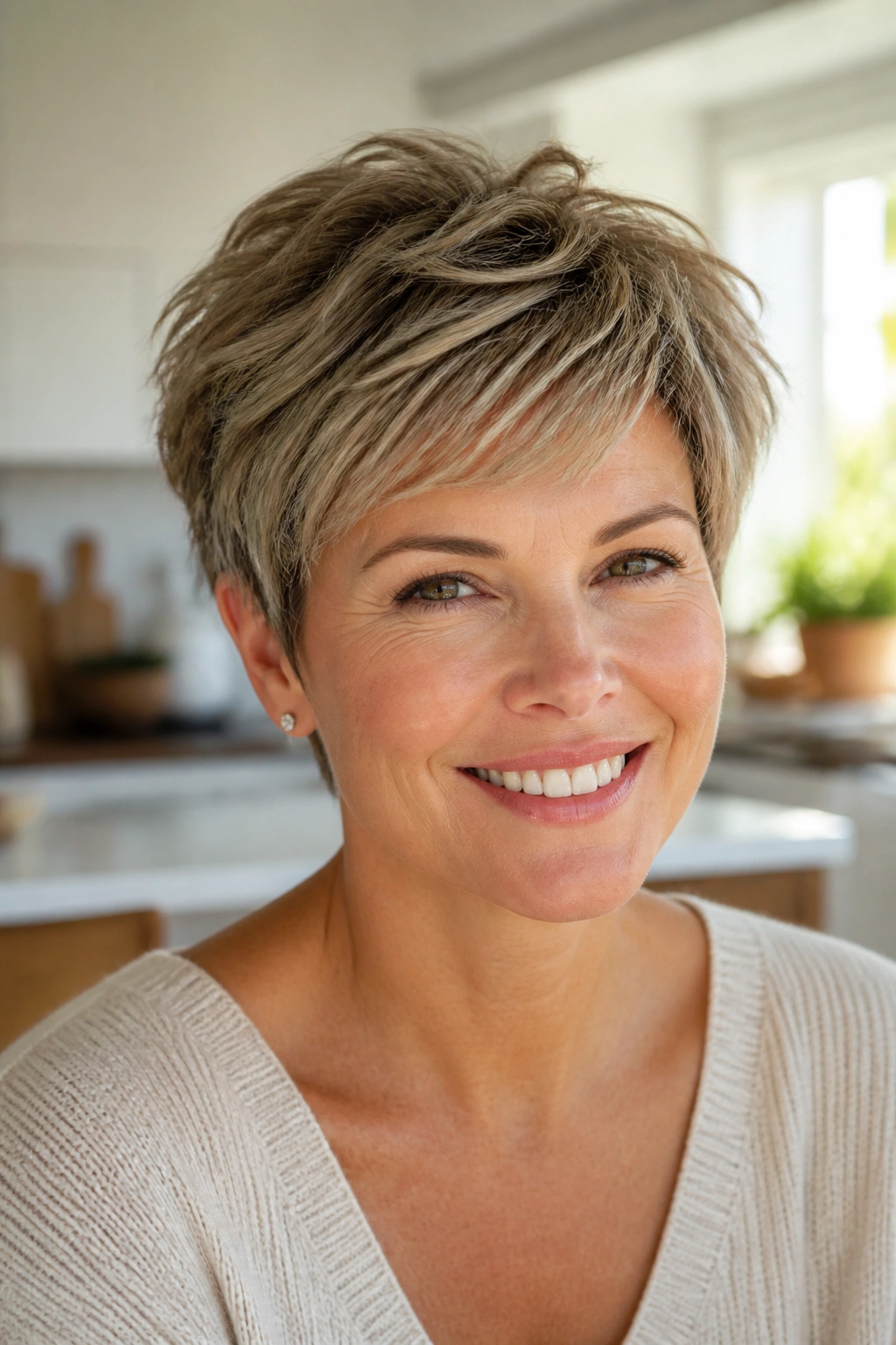 Portrait of a woman with feathered pixie hairstyle and airy layers.