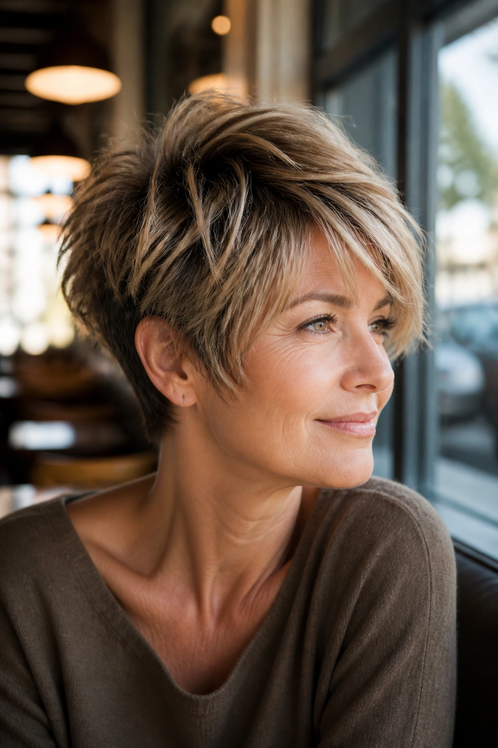 Close-up of real woman with feathered pixie bob and lifted crown