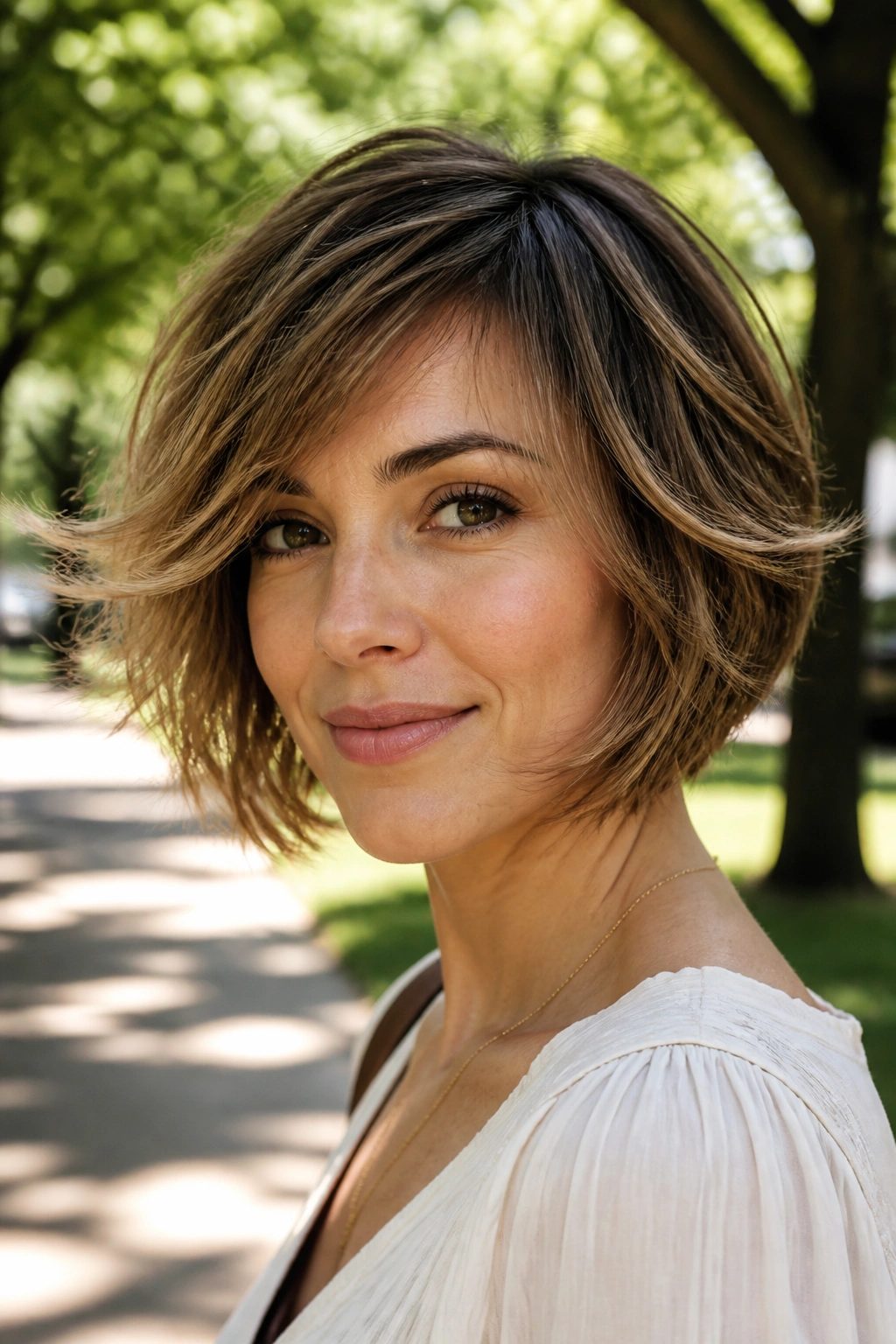 Portrait of woman with feathered long pixie bob and airy layers.