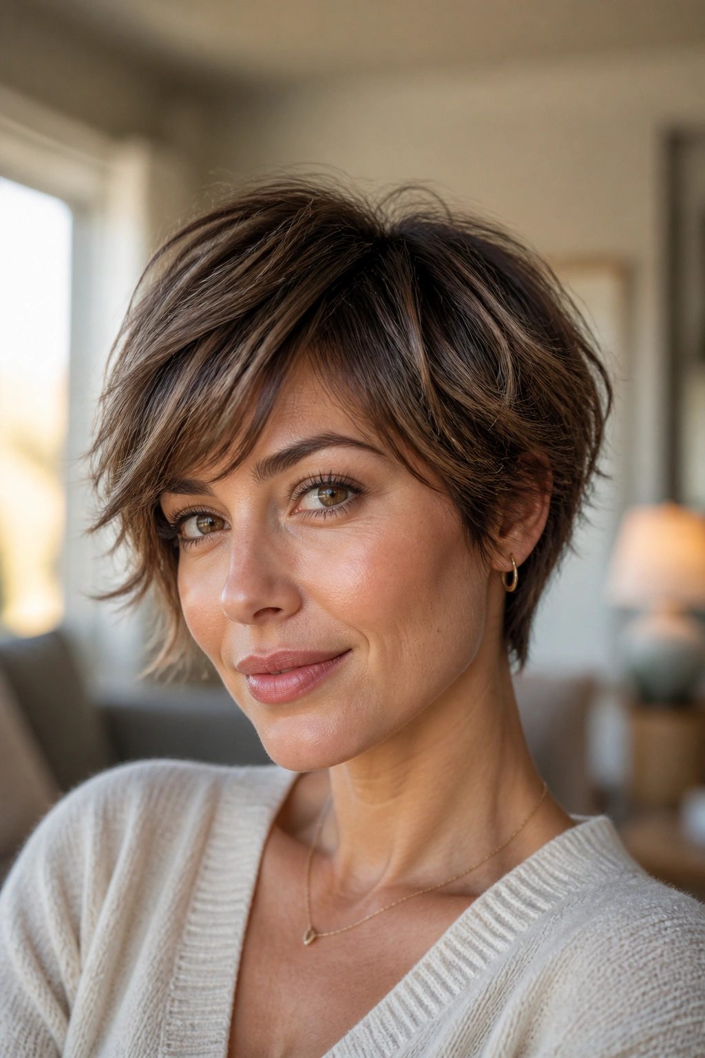 Close-up of a real woman wearing a feathered pixie bob with soft layers in warm window light