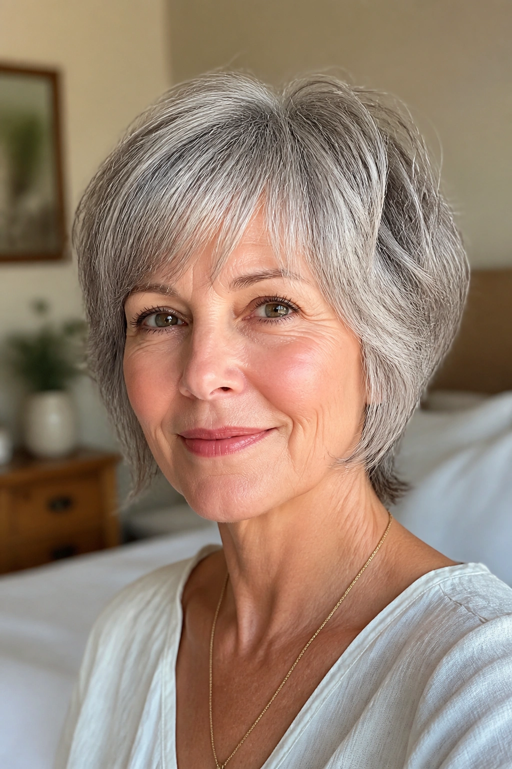 Close-up portrait of a real woman with a feathered pixie bob