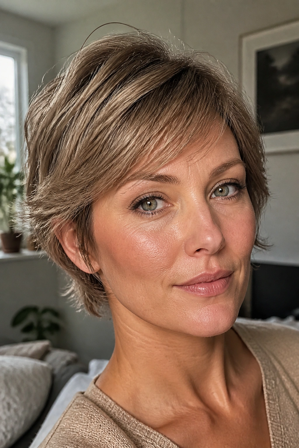 Close-up of a real woman with feathered pixie-bob hairstyle in a cozy room