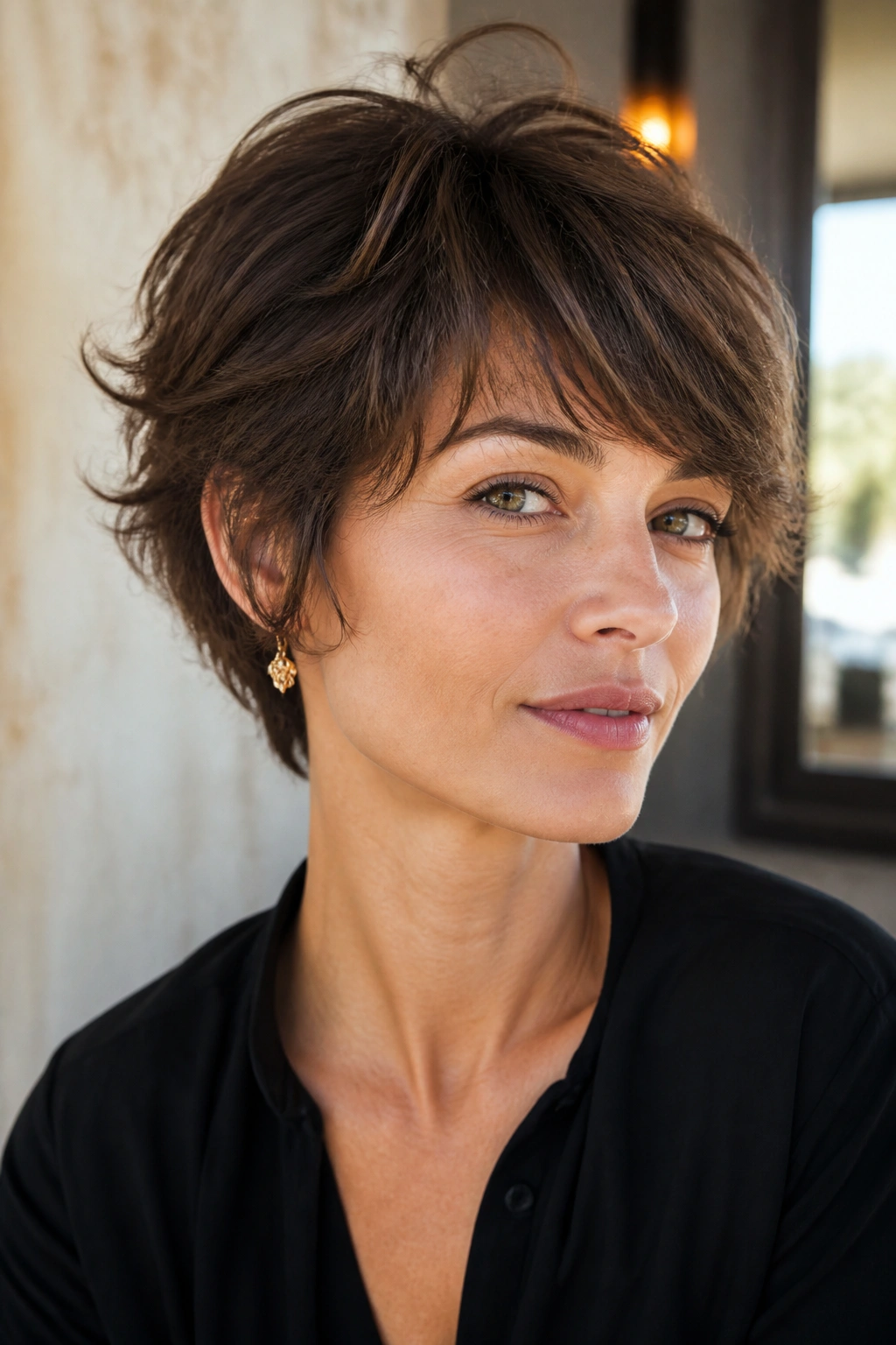 Close-up portrait of a real woman with a feathered pixie bob in cafe light