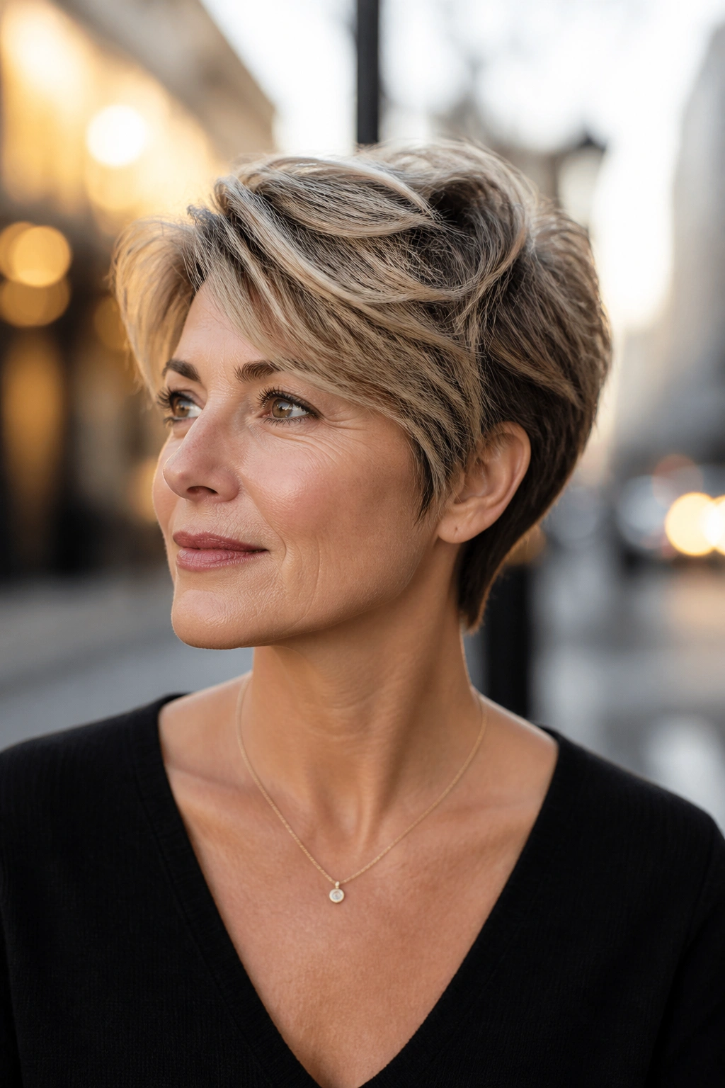 Close-up of a woman with feathered pixie-bob hairstyle.