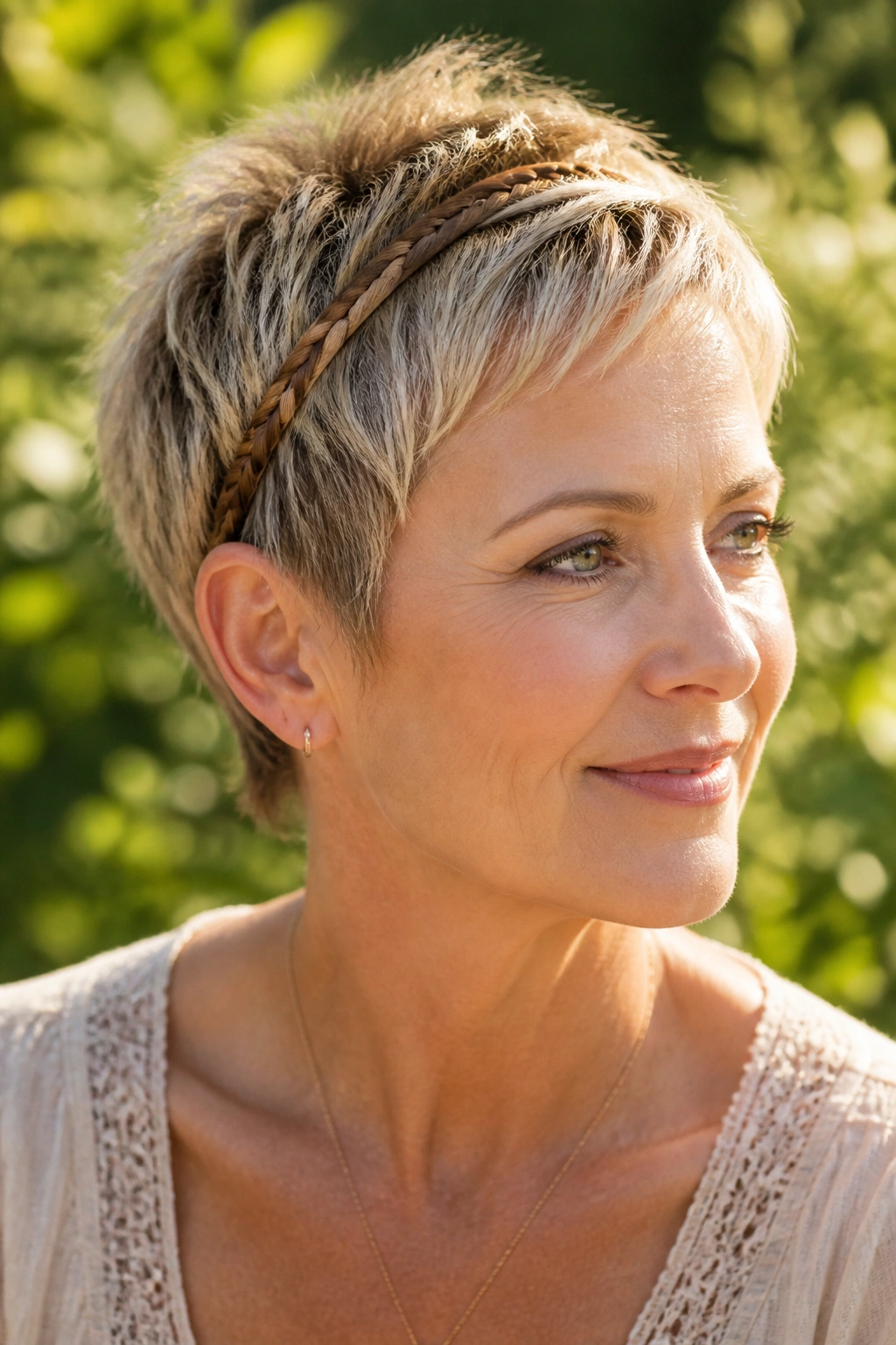 Close-up portrait of a real woman with a feathered pixie and braided headband in soft garden light.