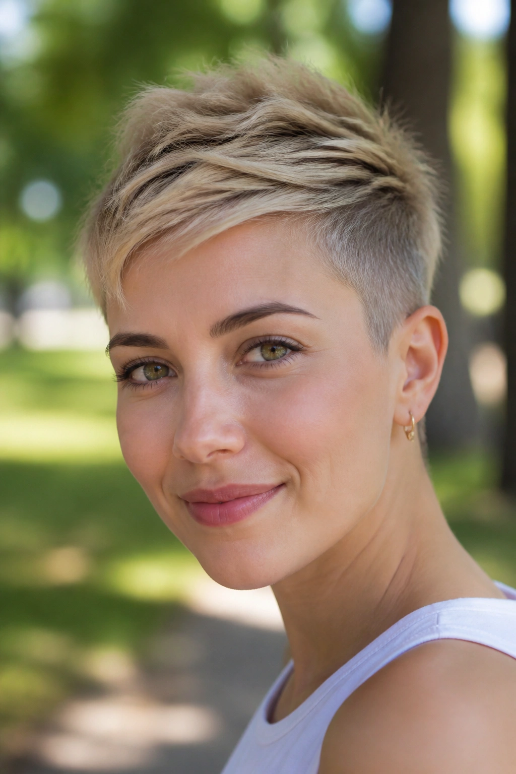 Portrait of a real woman with feathered pixie and close crop, light lift at crown in a park setting