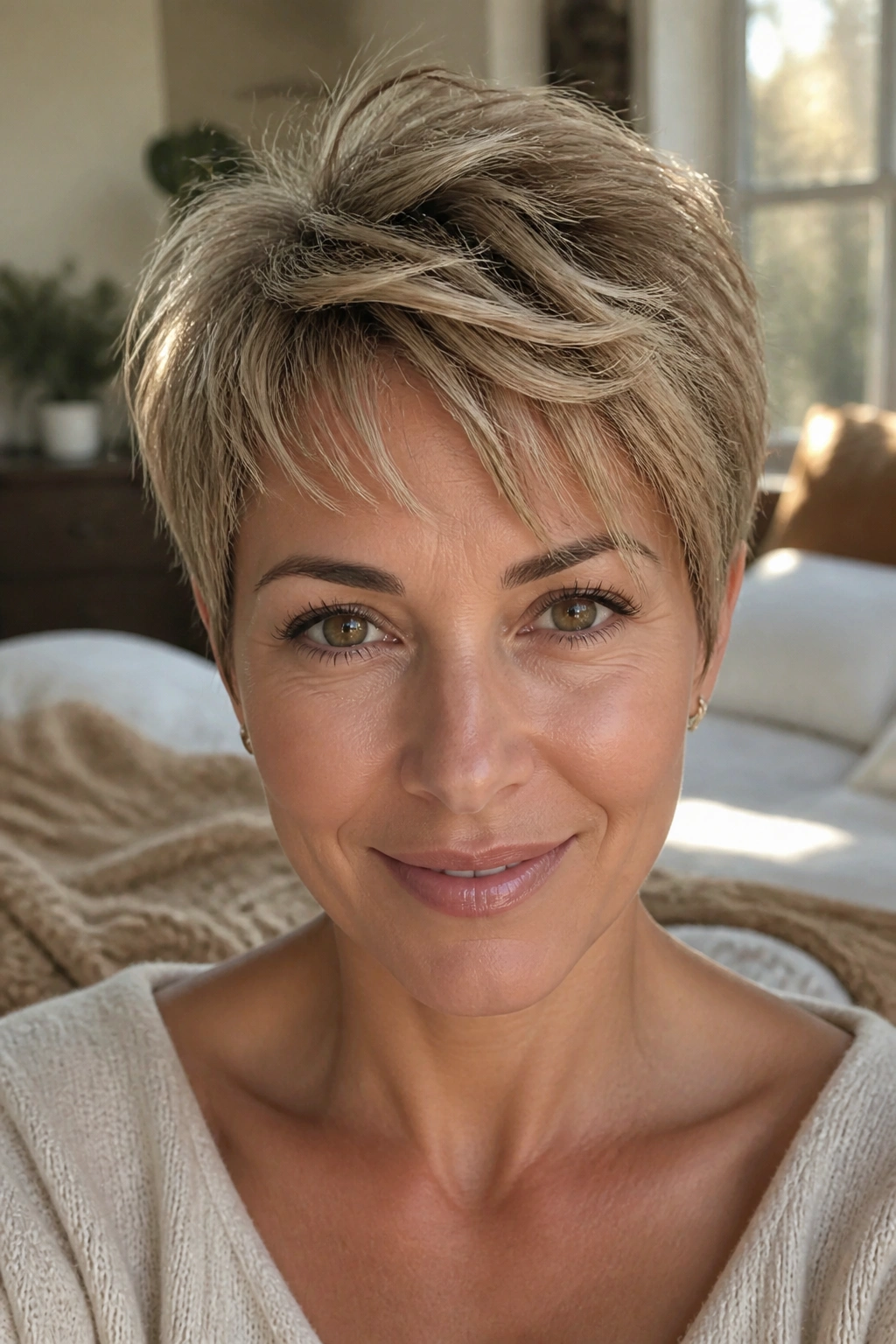 Close-up portrait of a woman with a feathered crop pixie haircut