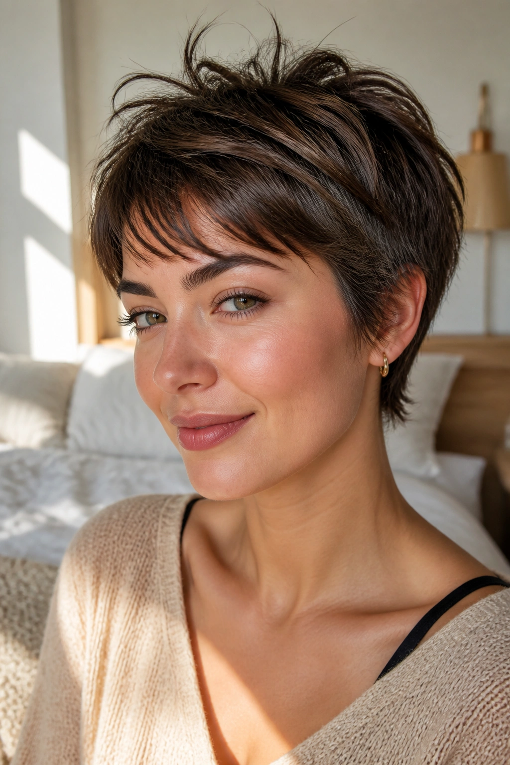 Close-up portrait of a real woman with feathered pixie crop and airy layered edges
