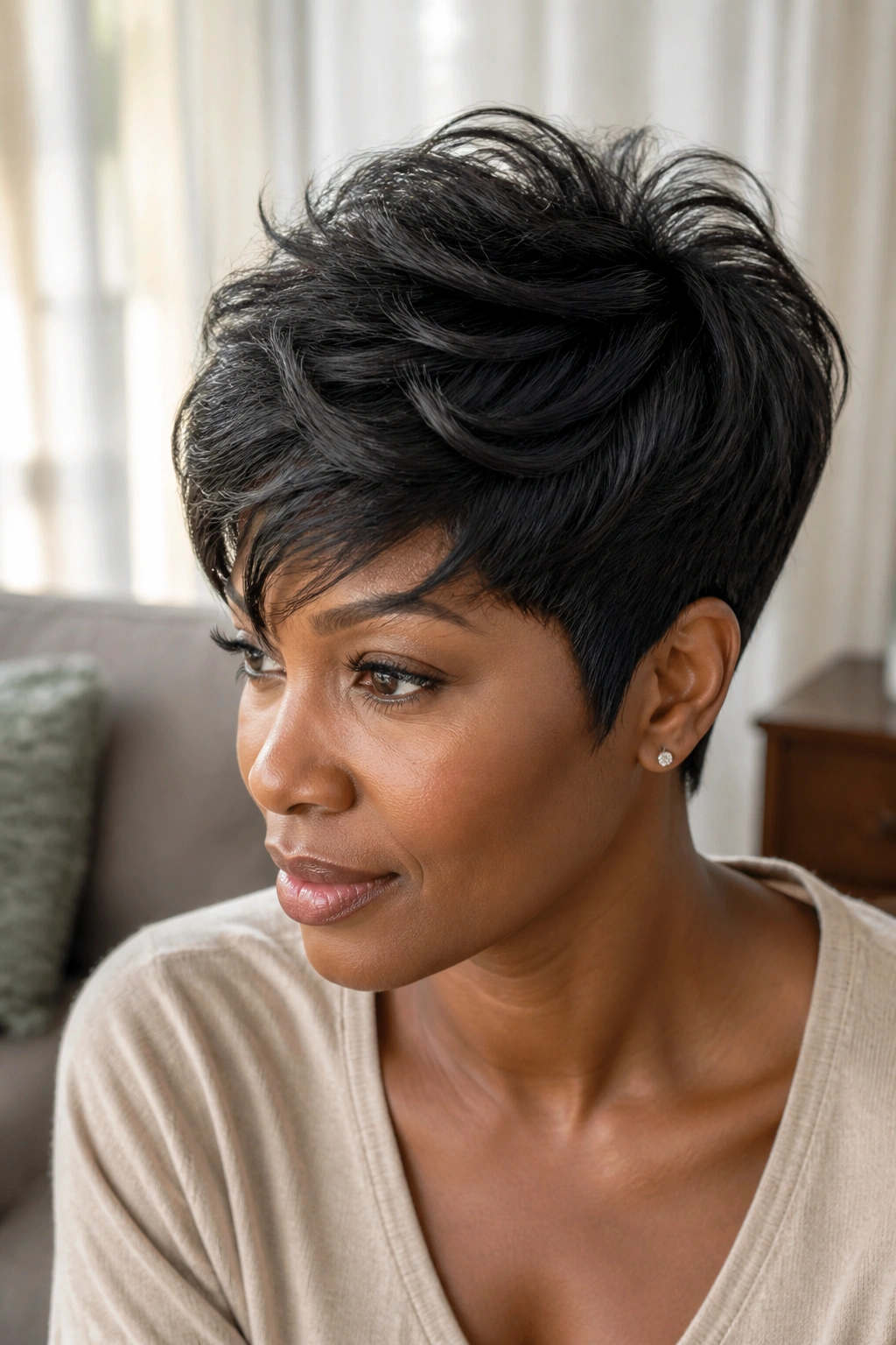 Close-up of a real woman with feathered pixie and crown lift