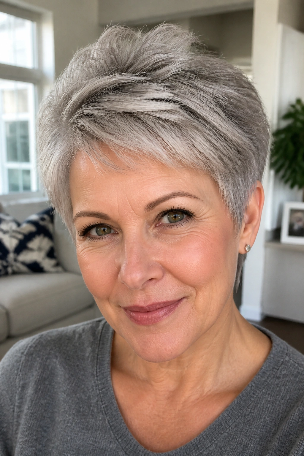 Close-up of a real woman with a feathered pixie and crown lift, top volume visible.
