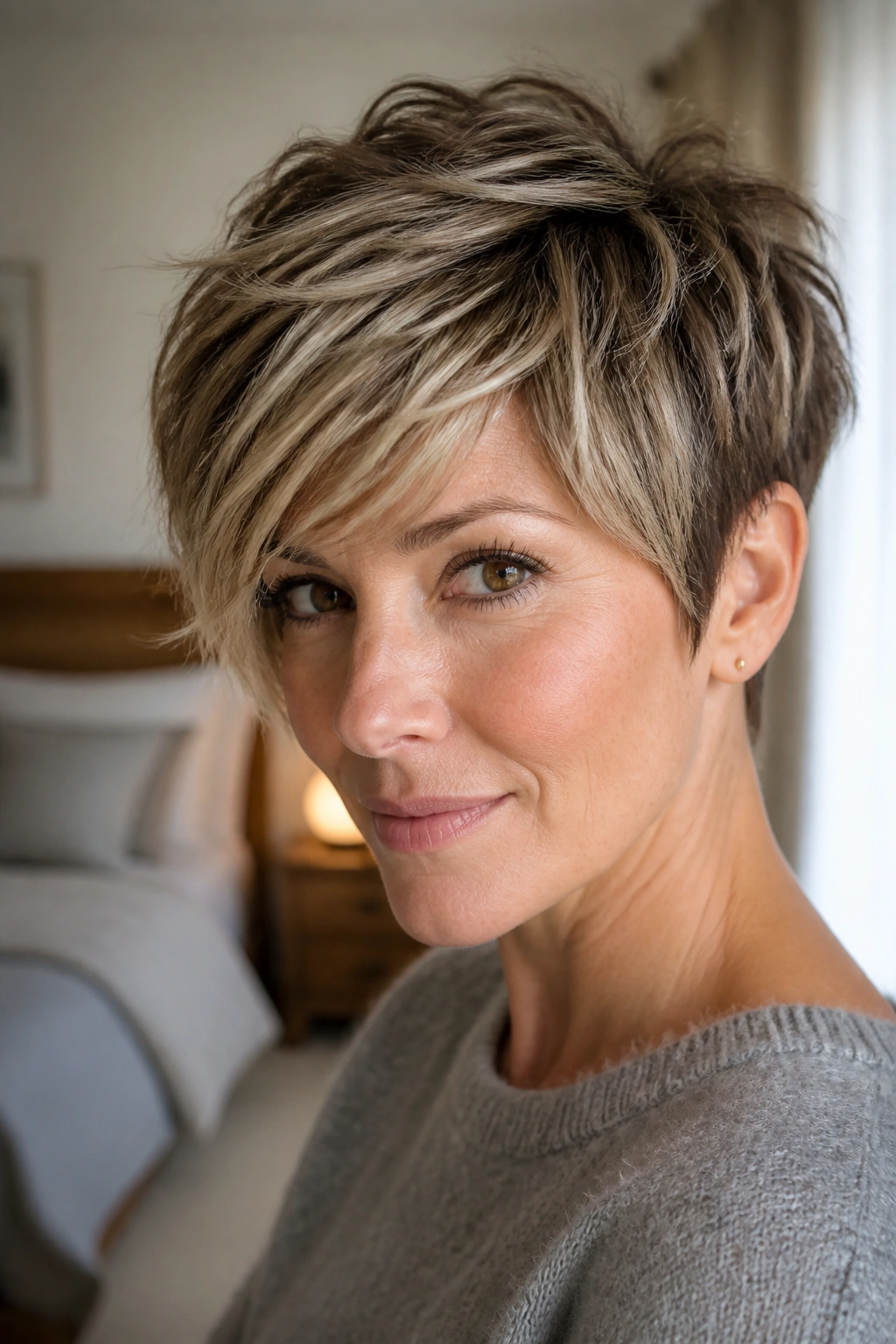 Close-up portrait of a real woman with a feathered long pixie and side-swept fringe in warm window light