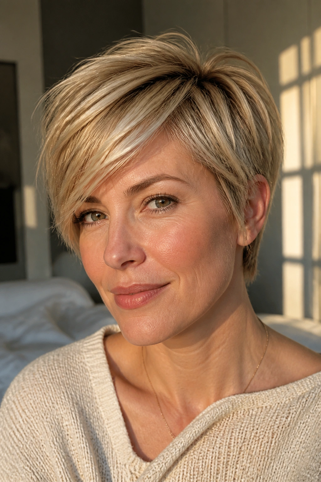 Close-up portrait of a real woman with feathered pixie and side-swept fringe in soft window light