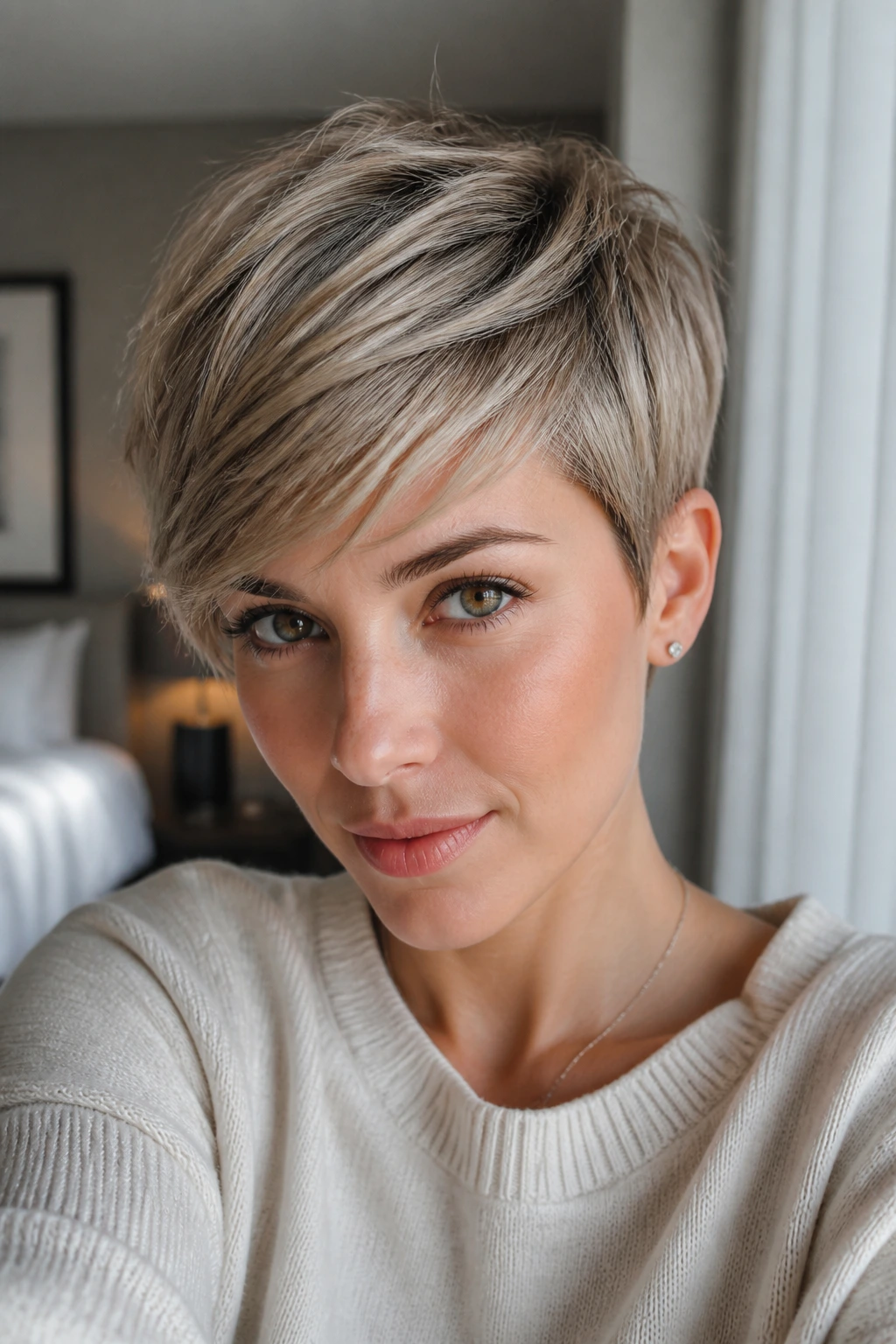 Close-up portrait of a real woman with a feathered pixie and side-swept fringe