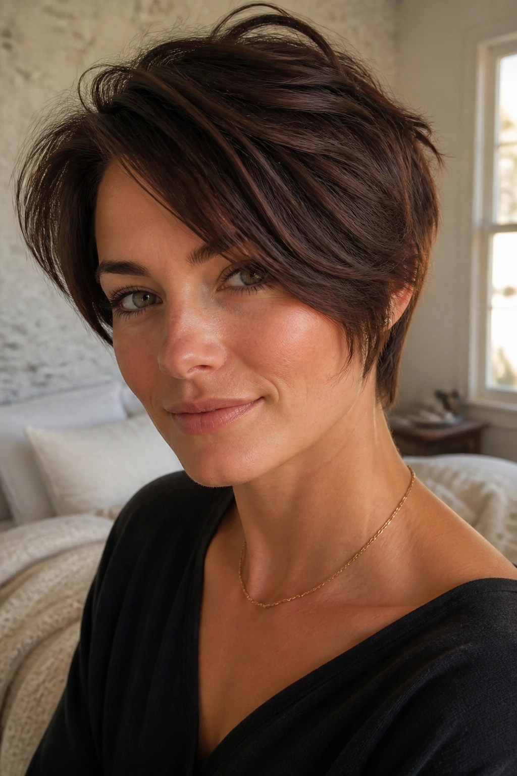 Close-up portrait of a real person with feathered long pixie and soft side sweep in warm window light