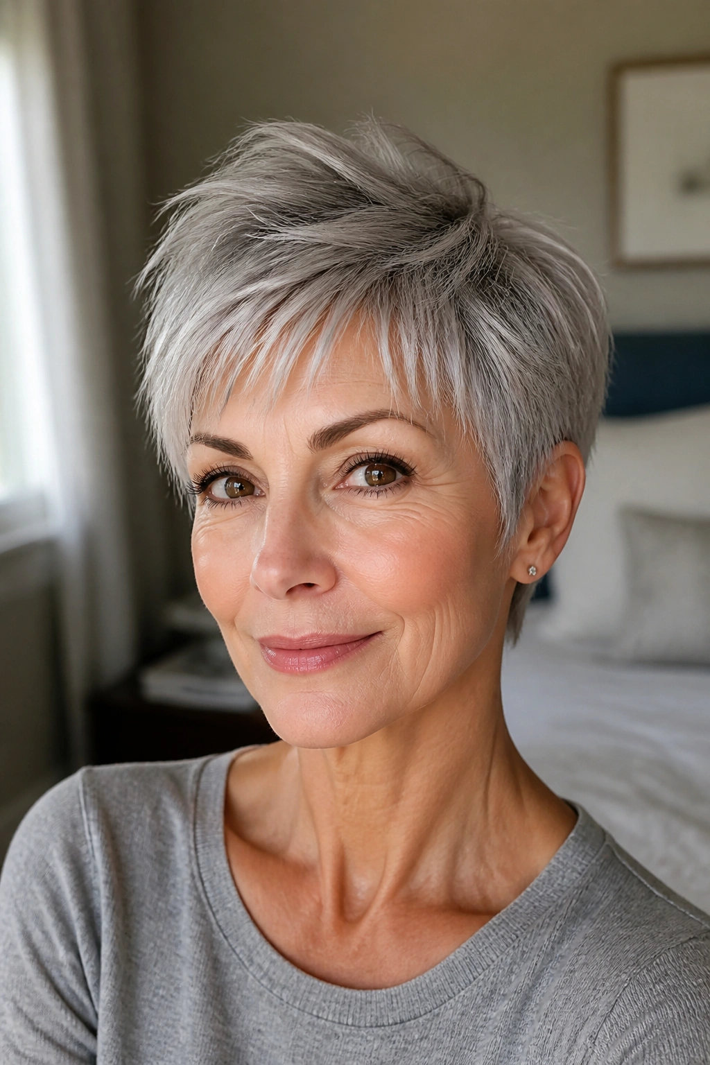 Close-up of a real woman wearing a feathered pixie haircut in natural window light