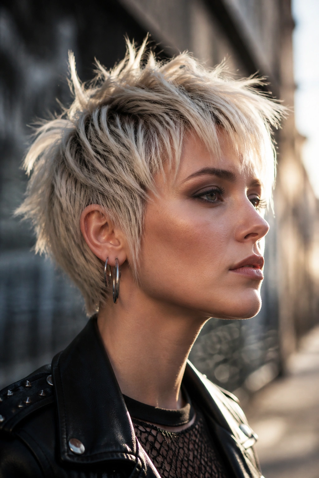 Feathered pixie close-up portrait with movement and rough texture in city setting