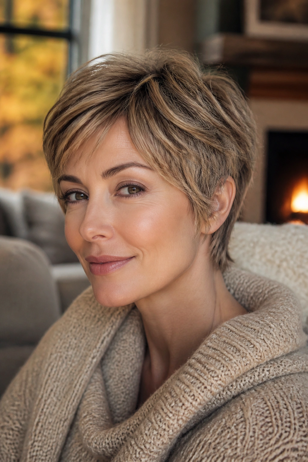 Close-up portrait of a real woman with a feathered pixie haircut in warm indoor fall lighting.