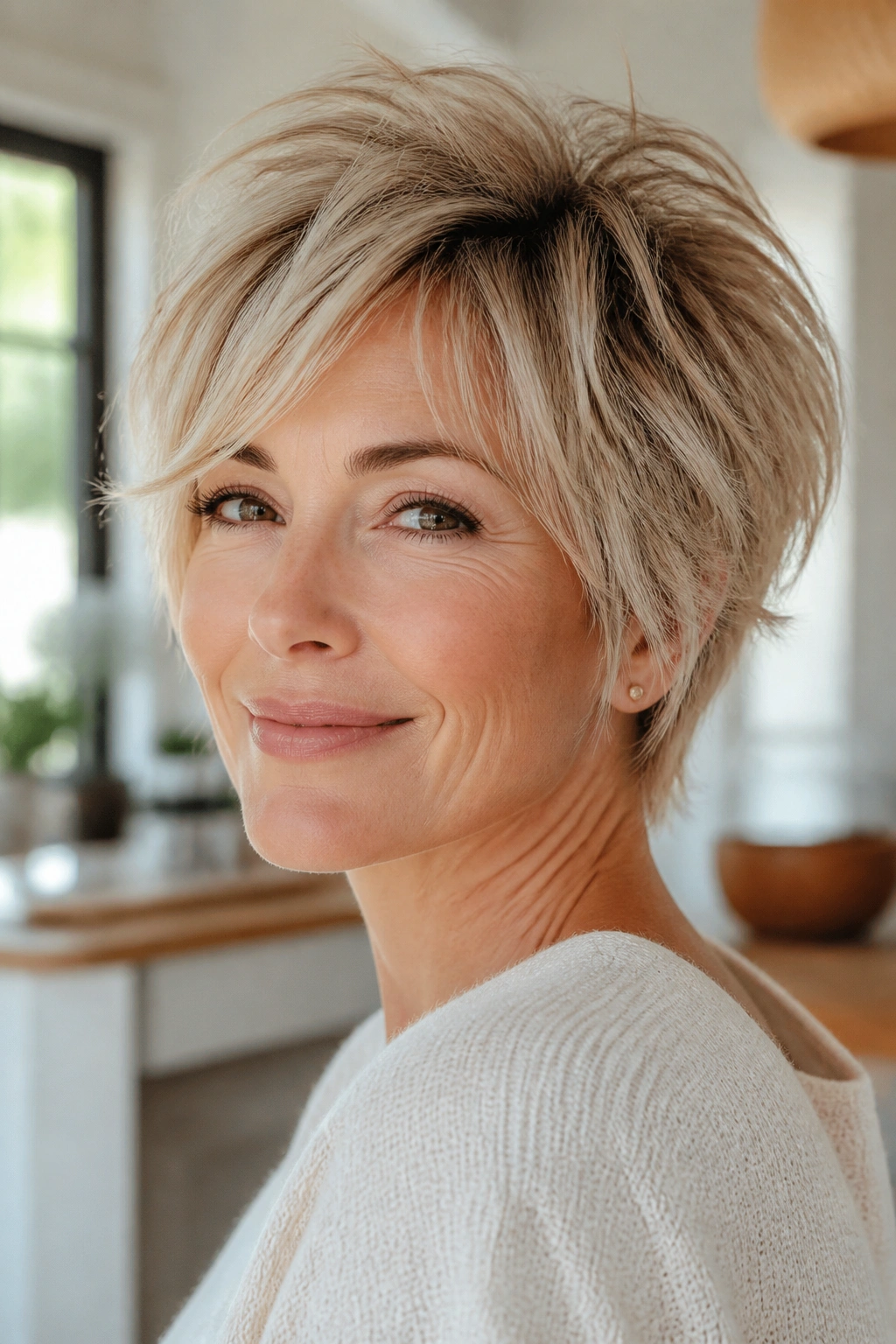 Close-up portrait of a real woman with feathered pixie hairstyle in a sunlit kitchen