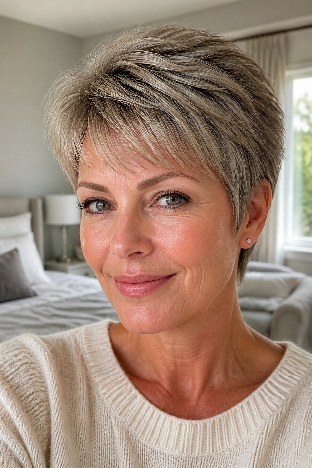 Close-up of a real woman with a feathered pixie haircut