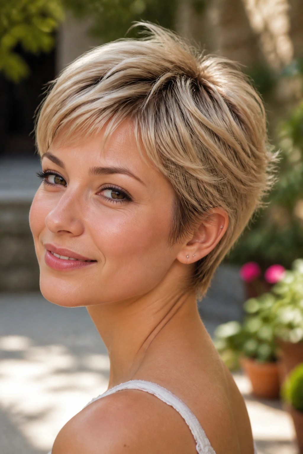 Portrait of a real woman with feathered pixie and airy ends outdoors