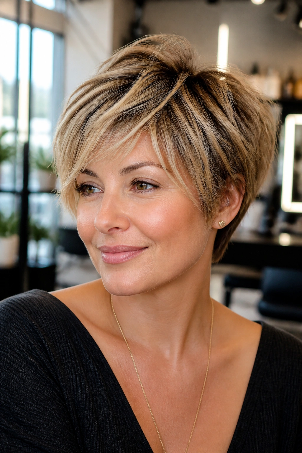 Close-up portrait of a real woman with feathered pixie and airy layers in bright salon light.