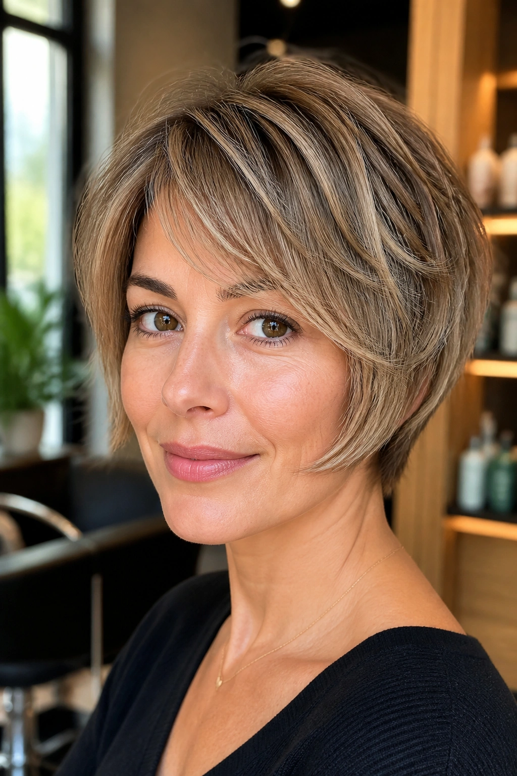 Close-up of a woman with feathered layered pixie bob framing the face.