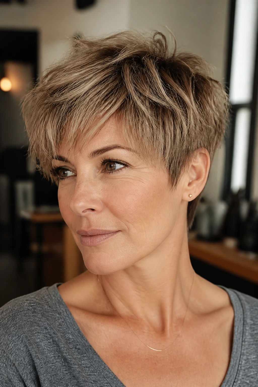 Close-up portrait of a real woman with feathered layers pixie hairstyle, voluminous crown and wispy edges.