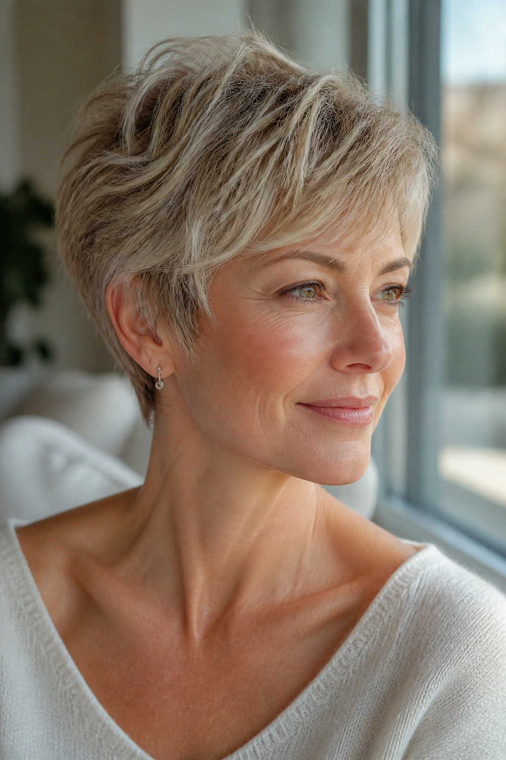 Close-up of a real woman with a feathered pixie and airy layered ends