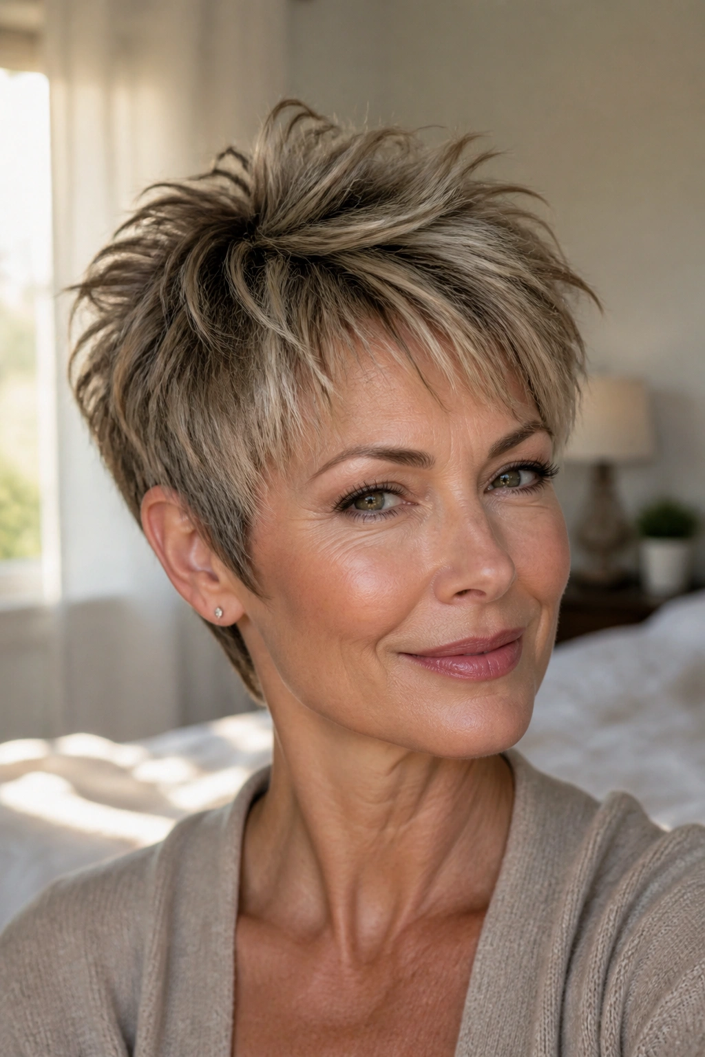 Close-up portrait of a real woman with feathered lift pixie showing crown lift