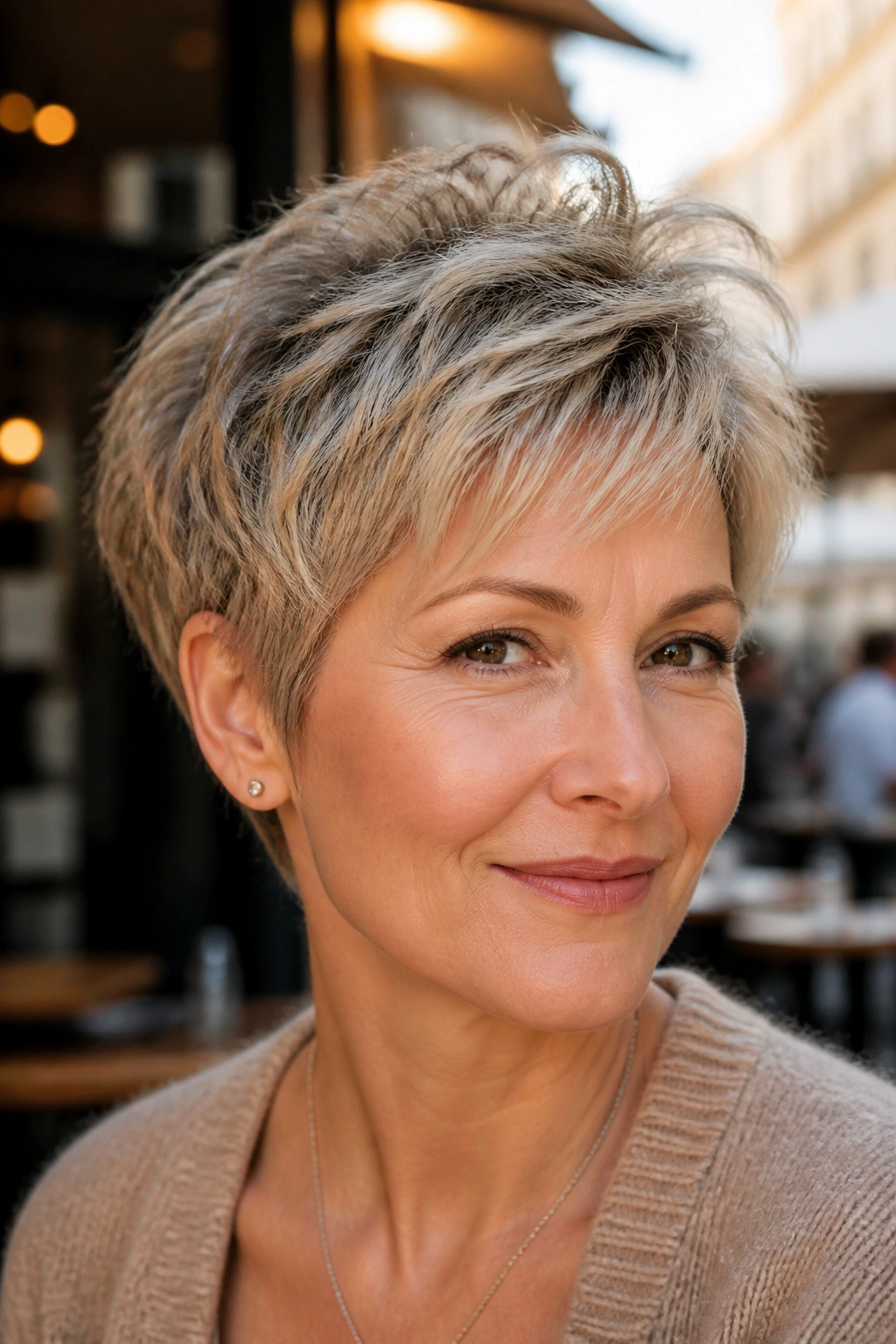 Real woman with a feathered pixie showing light movement