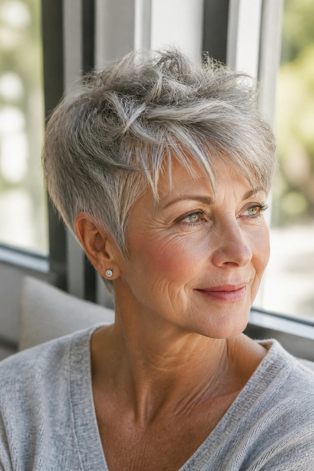 Close-up portrait of a real woman with a Soft Feathered Pixie in bright natural light