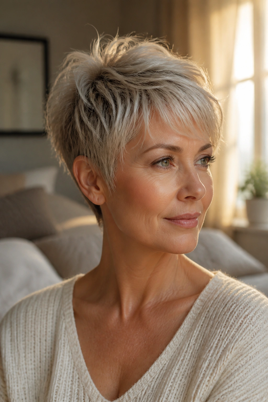 Close-up portrait of a woman with a feathered pixie and airy ends in soft window light