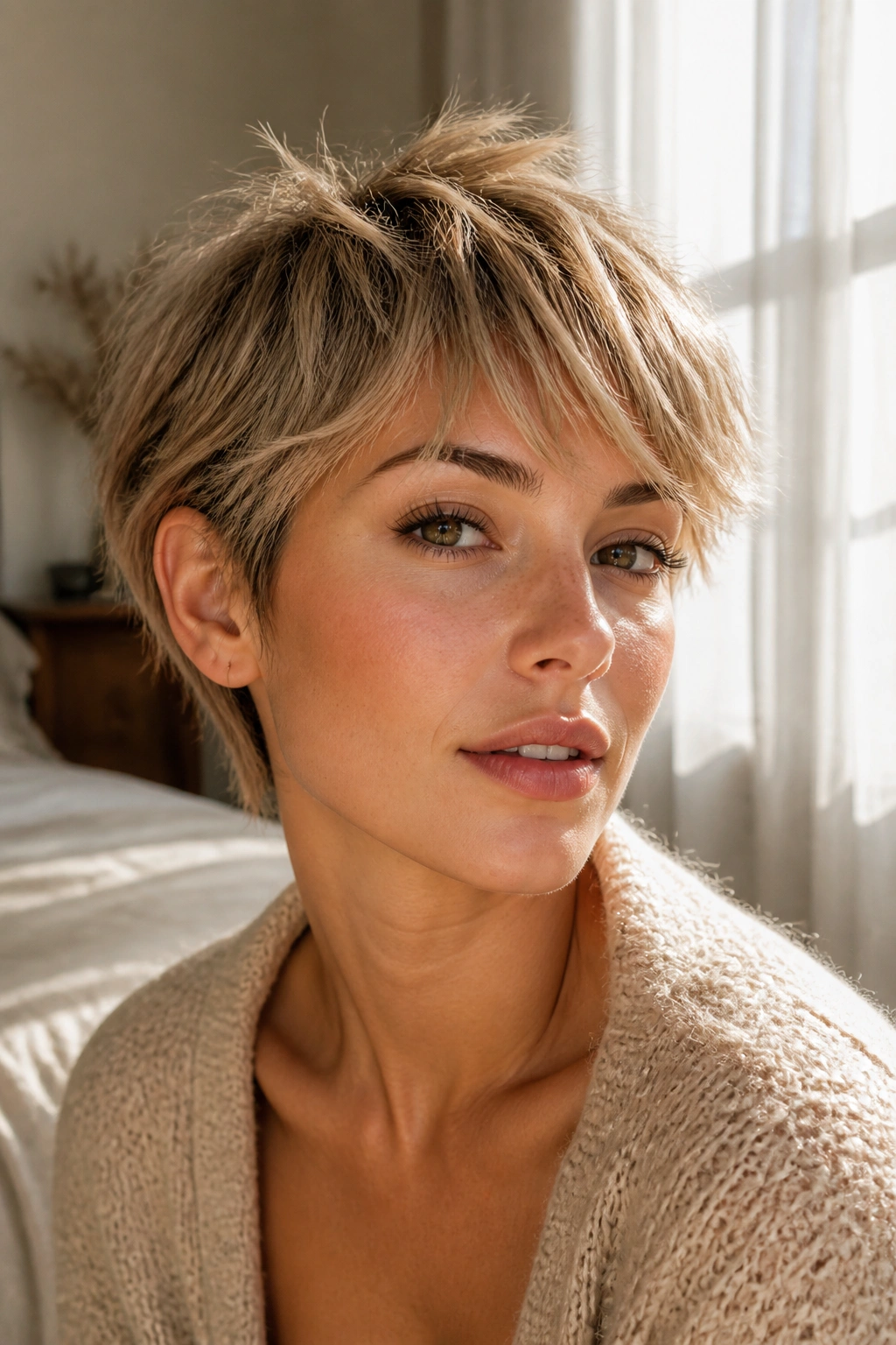 Close-up of a woman with feathered razor pixie hairstyle under warm window light