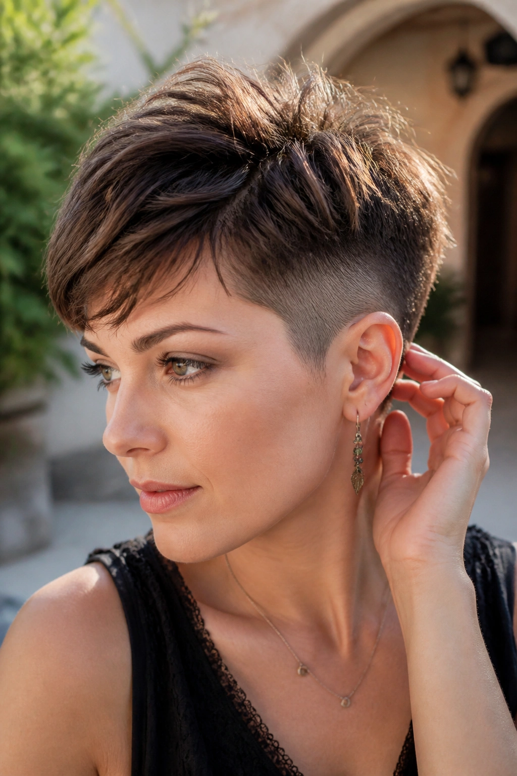 Close-up portrait of a real woman with a feathered pixie and shaved ear area