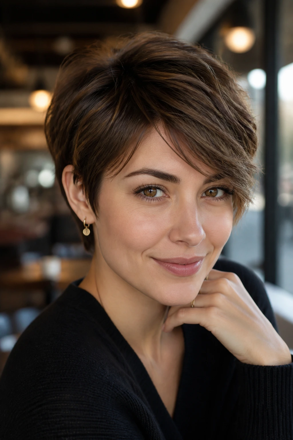 Close-up of a real woman with a feathered pixie and side sweep in warm cafe lighting.