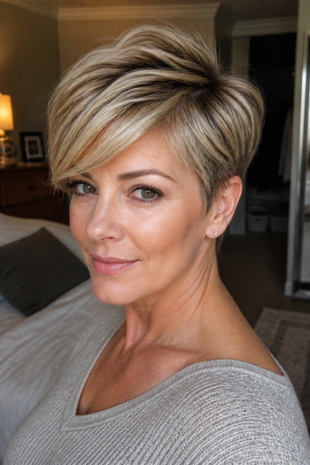 Close-up of a real woman with a feathered pixie and side-swept fringe