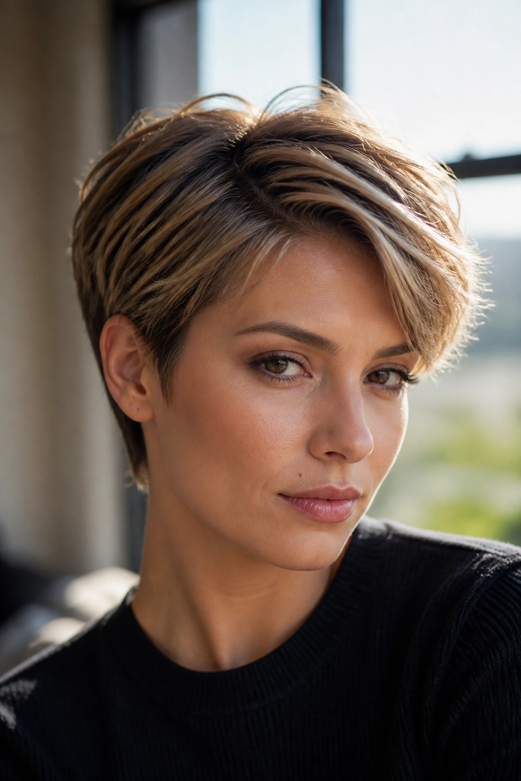 Close-up portrait of a real woman with feathered side-part pixie under natural window light