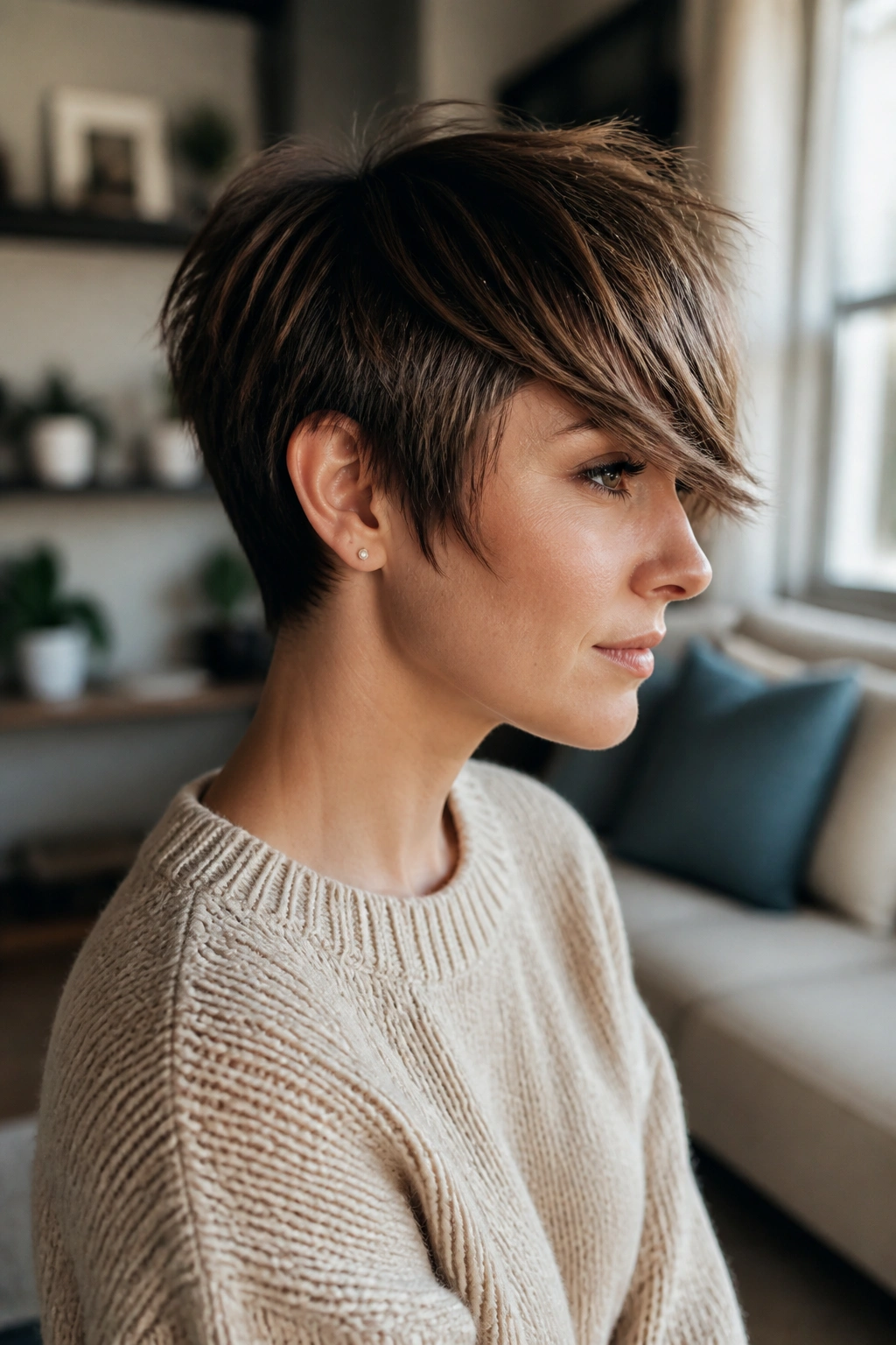 Real woman with feathered long bang pixie and soft edge hair.