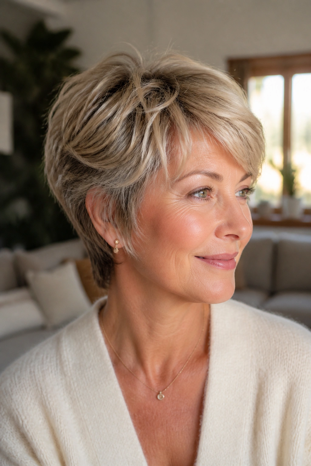 Close-up of a real woman with a feathered pixie and soft ends