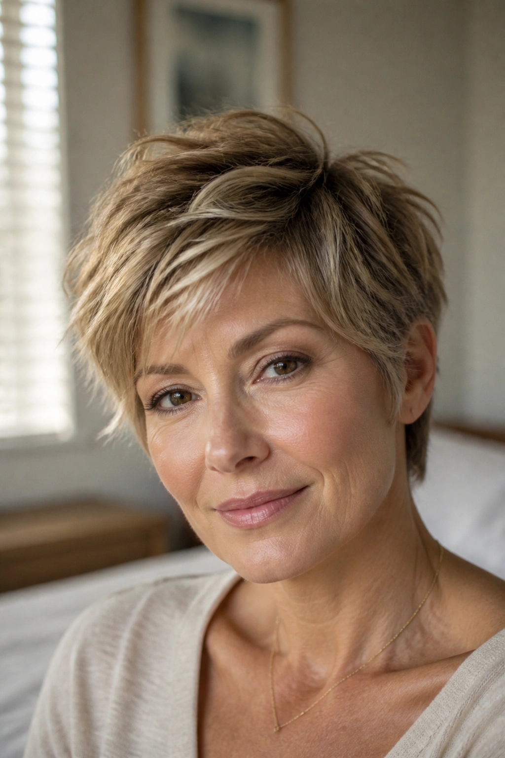 Close-up portrait of a woman with feathered pixie and temple softness in warm light