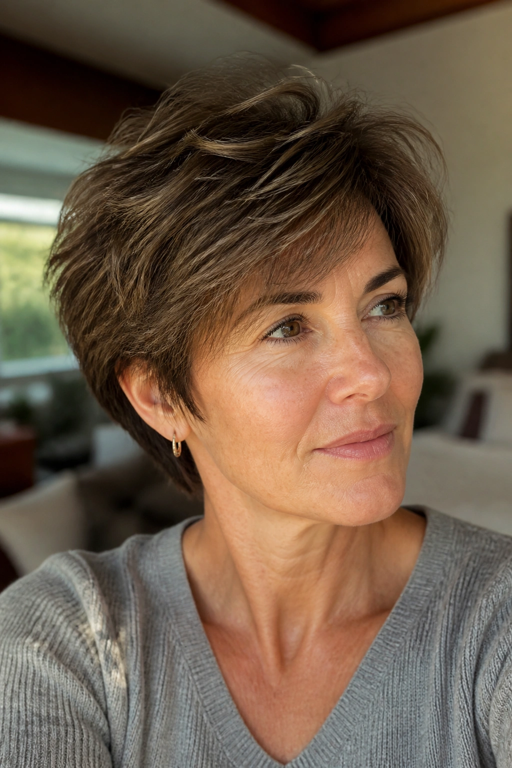 Real woman with feathered long pixie for thick hair