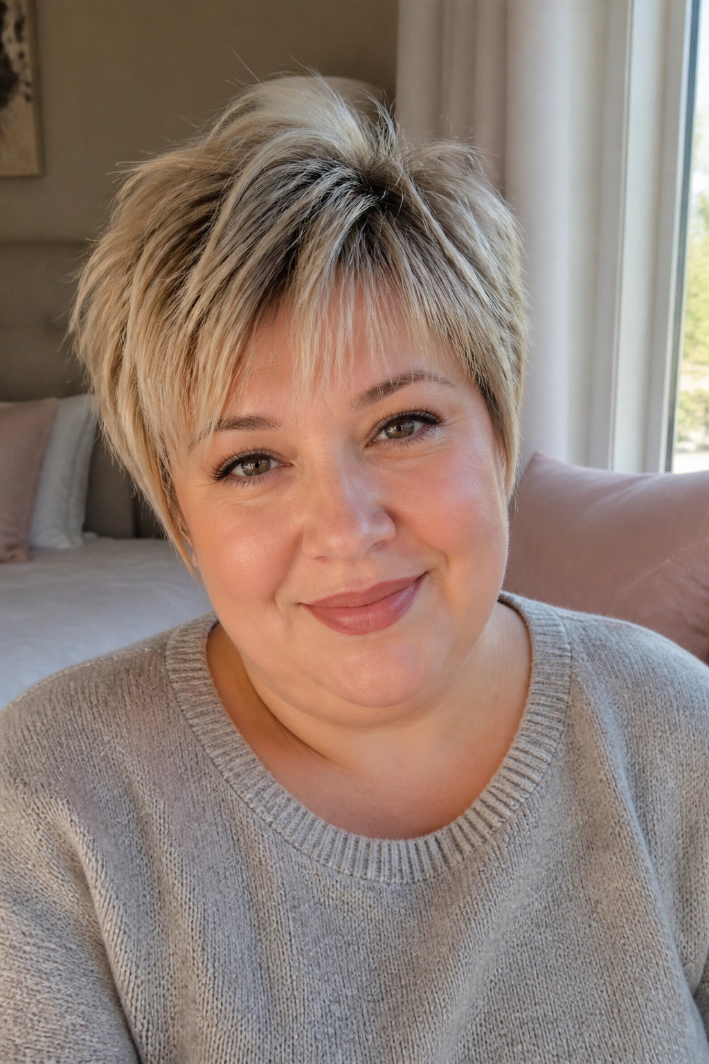 Close-up portrait of a real woman with feathered pixie and wispy bangs in natural light