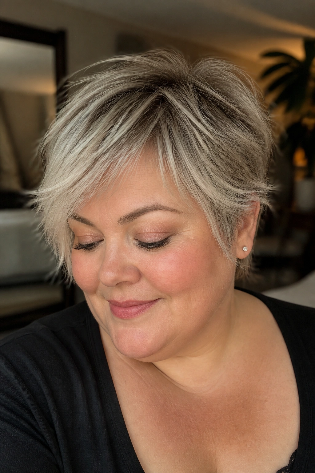Close-up of real woman with feathered pixie wispy ends