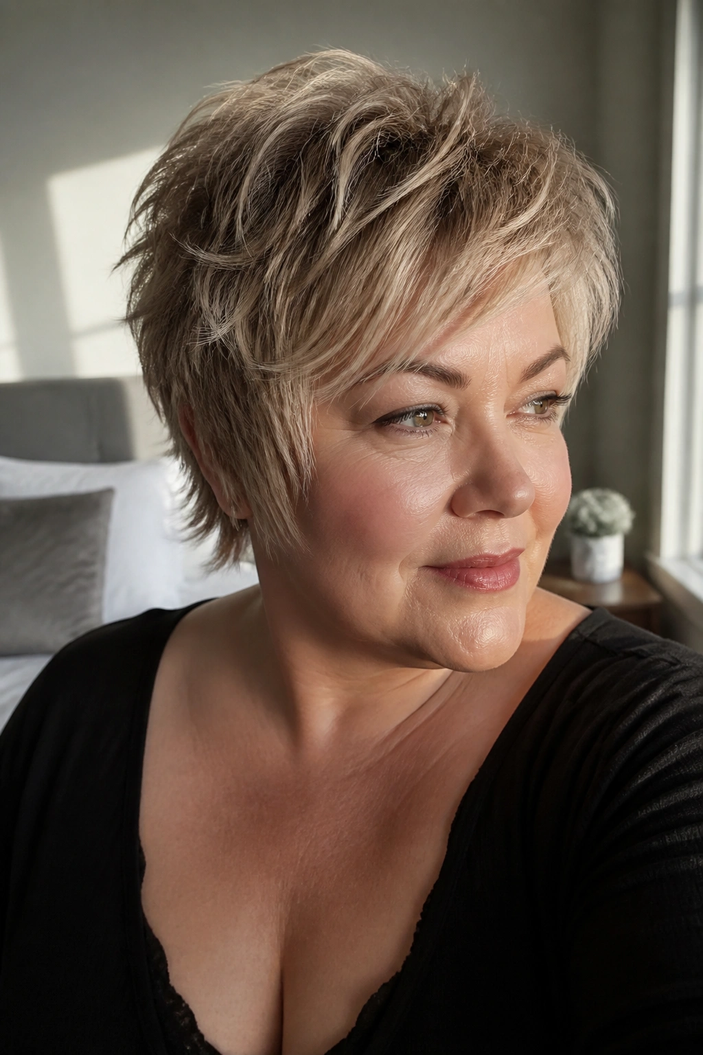 Close-up portrait of a real woman with a feathered pixie and wispy ends in warm window light