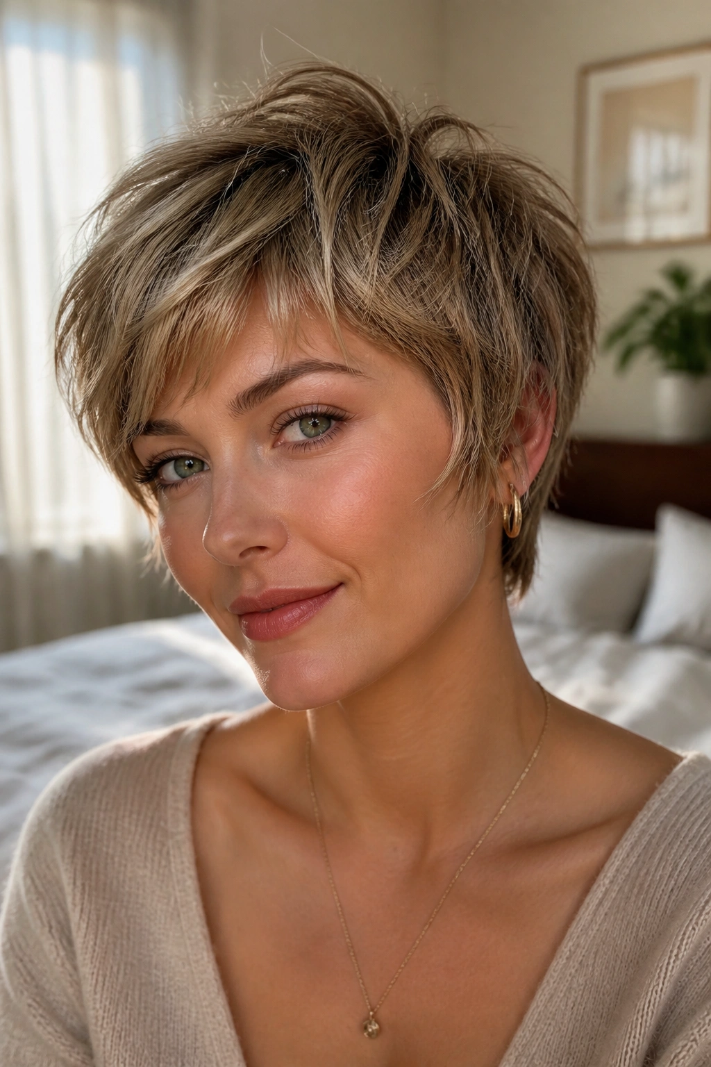 Close-up portrait of a real person with a feathered pixie and wispy ends framing the cheeks