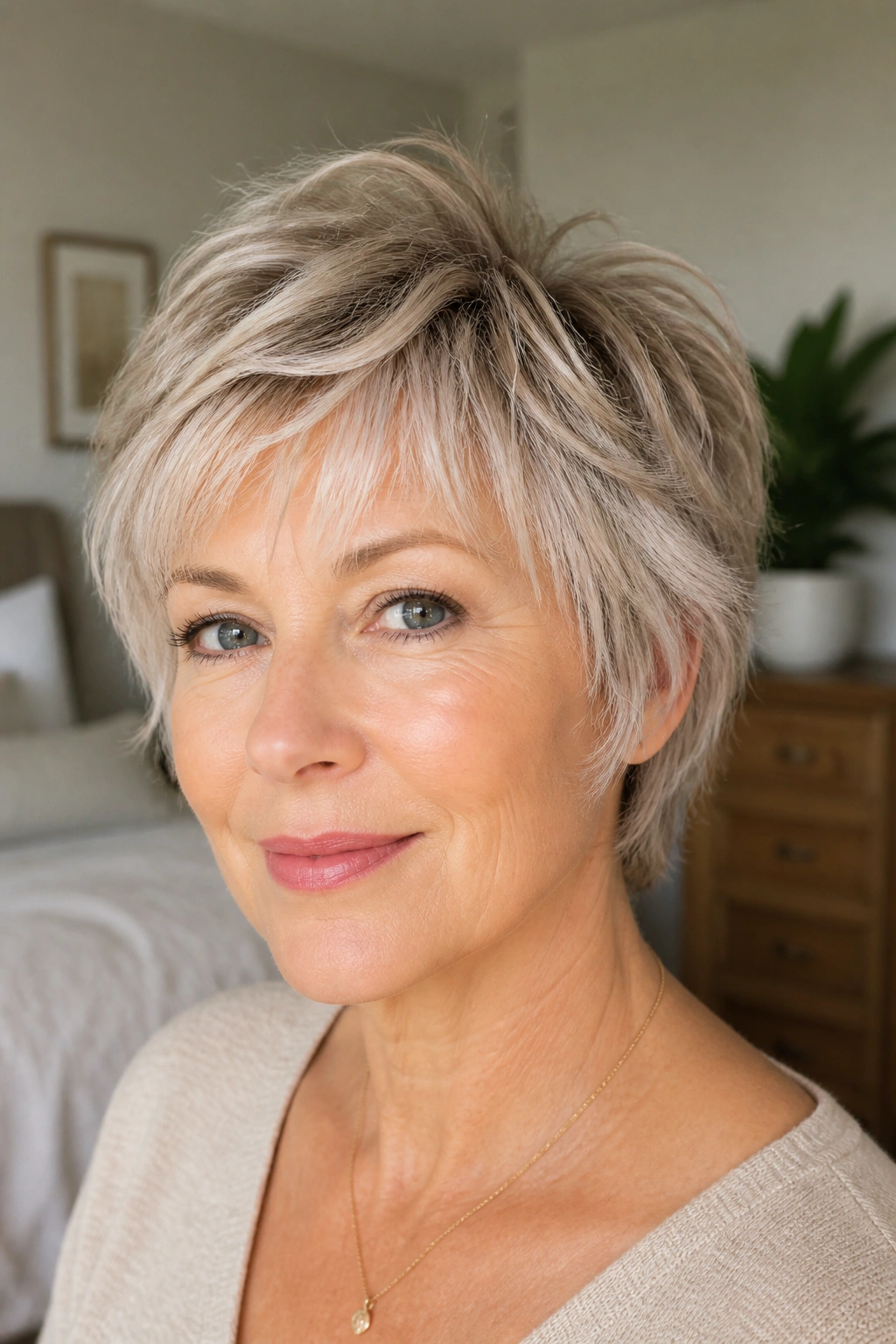 Close-up portrait of a real woman with feathered pixie wispy layers.